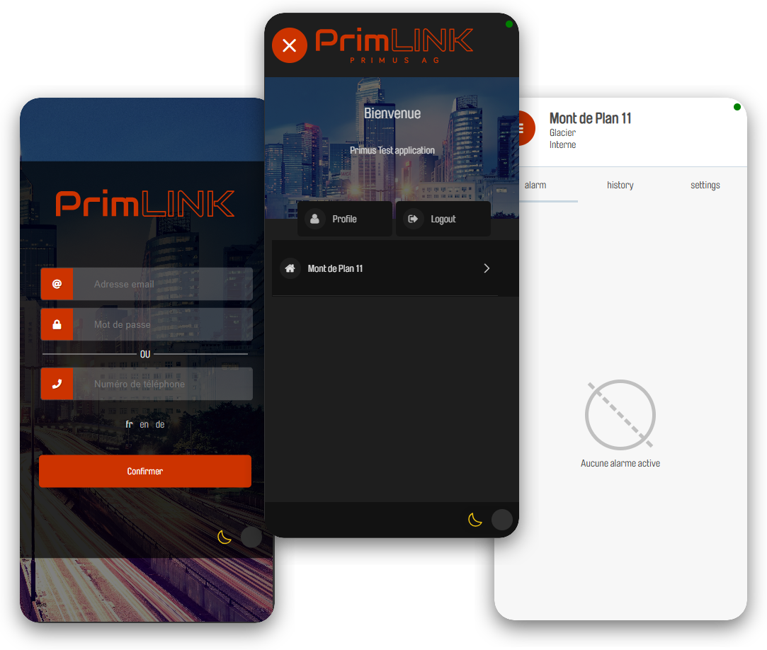 Application Primus PrimLINK — écrans de connexion, accueil et alarmes